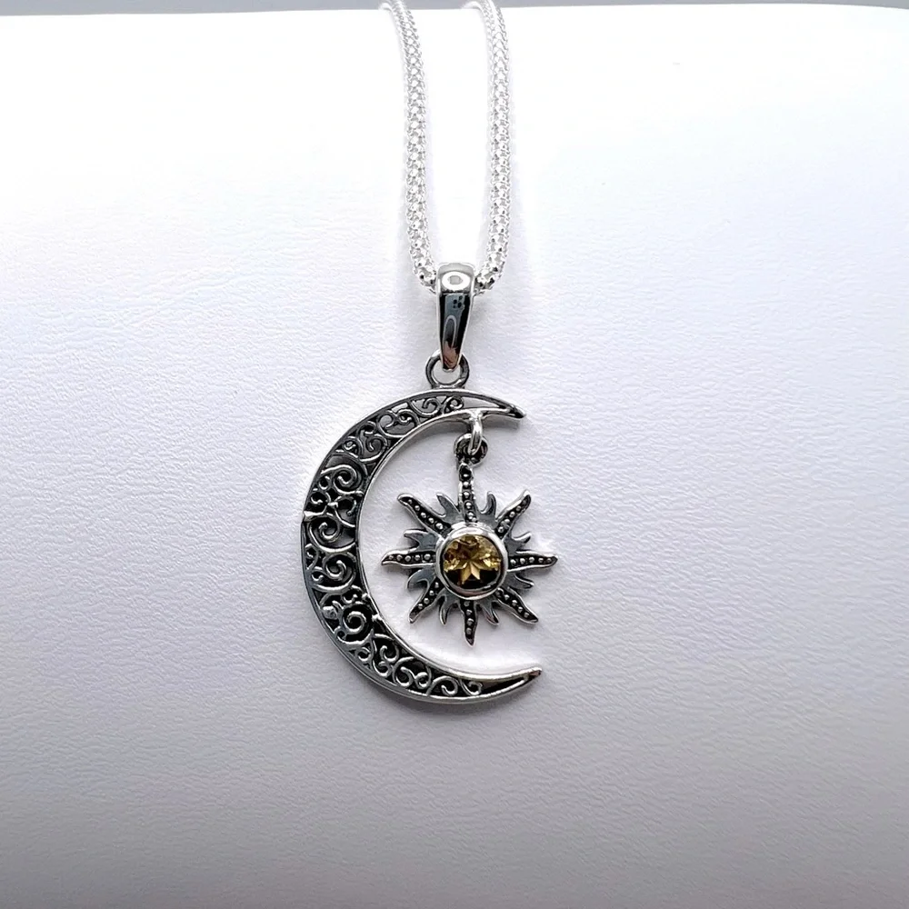 Genuine Citrine .925 Sterling Silver Moon Necklace - Picture 12 of 17